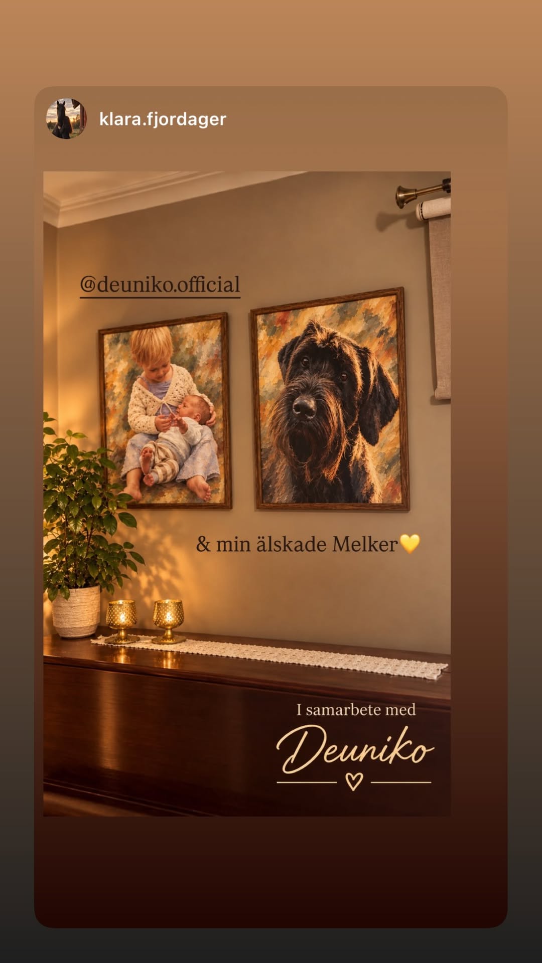 Klaras Instagram-bild: personliga porträtt av barn och hund på väggen ovanför en träbyrå